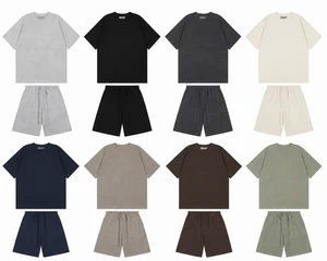 Men Eco-Friendly Knitted Short Set 100% Cotton Tracksuit Custom Logo Silk Screen Printed Summer Casual Sport Short Sleeve Two