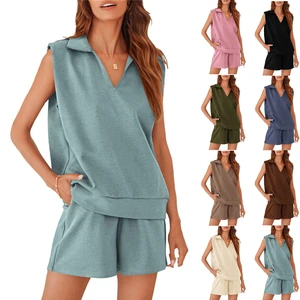 Sleeveless Regular Fit Spandex Polyester Women's SetsNew Woven Plain Dyed Character Vintage Sleeveless Sweatshirt Shorts Set