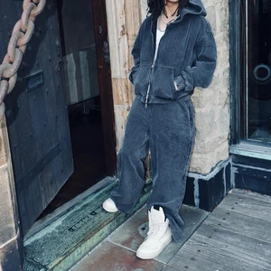 High Quality Sweatsuit Zip Up Hoodies And Jogger Set Men Custom Acid Wash Tracksuit Two Piece Boxy Cropped Hoodies Set Men