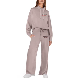 Customized 3D Embroidery Printed Badge Lounge Sets Women Soft Fleece Sweatsuits Long Eco-Friendly Breathable Front Lined 2024