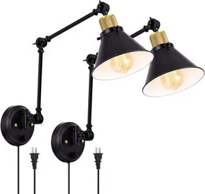 Black & Brass Vintage Industrial Style Dimmable Swing Arm Wall Sconces with E26 Base and 6FT Plug in Cord 180 Adjustable Angle