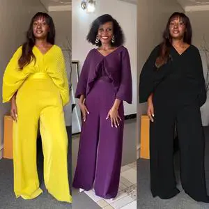 Women Sets Fashion Suit New Female V-neck Bat Sleeve Chiffon Top Crimped Wide Leg Pants Two Piece Set