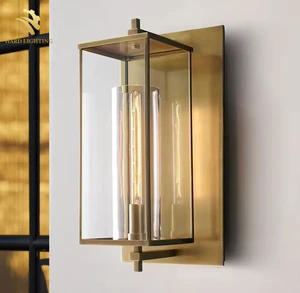 Antique Brass Rectangular LED Glass Wall Lamps Porch Hotel Villa Corridor E26 Metal Light Bedside Kitchen Lighting for Home