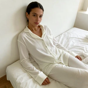 Manufacturer Custom Women Ribbed Modal Pajamas Set Button Down Long Sleeve Soft Lounge Sleepwear OEM Private Label