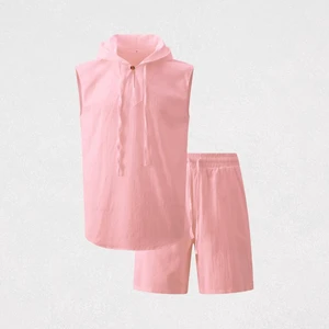 Women Hooded Sleeveless Crop Top & Above Knee Shorts Set Solid Color Casual Loose Fit Spring Summer Cotton Bamboo Fiber