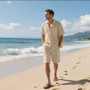 Site Summer Men's Solid Color Knitted 100% Cotton Breathable Rhinestone Lapel Button Casual Short-Sleeve Shirt Beach Set