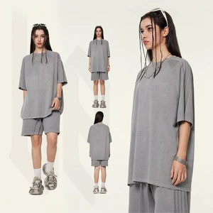 250Gsm Eco-Friendly Breathable Unisex Short Sleeve Tracksuit Couples Summer T Shirt Shorts Set 2 Pockets Oversize Two Piece