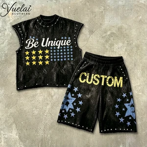 Custom Oversized Vintage Washed Rhinestone Tank Top DTG Printing Sleeveless Shirt Shorts Set Men Streetwear Set Street Summer