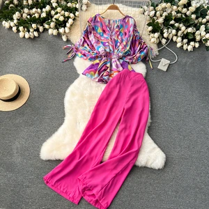 Printed Drawstring Trumpet Sleeve Top Waist Temperament High Waist Wide Leg Pants Fashion Two-Piece Set