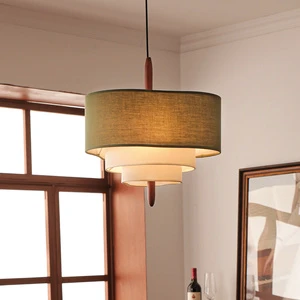 Nature-Inspired Olive Green 3-Tier Fabric Pendant Light Wavy Organic Chandelier with Wood Spindle Retro Hanging Lamp for Office