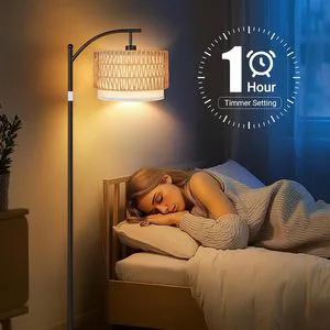 Boho Chic Rattan & Linen Double Shades Arc Floor Lamps for Living Room & Bedroom 9W Bulb Foot Switch Drum Style for Office Use