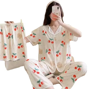 Women's Elegant Thermal Three-Piece Cotton Summer Sleepwear Set Sweet Cherry Printed Short-Sleeved Shorts Trousers Home Wear