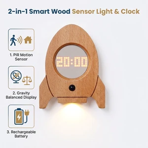 Creative 2-in-1 Solid Wood USB LED Smart Sensor Gravity Balance Digital Alarm Clock Bedside Magnetic Wall Lamp White