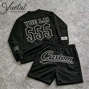 Custom logo Crew Neck Long Sleeves Black Tee Shirt and Mesh Short 2 Piece Set Summer Men's Baggy Lightweight Sweat Casual Suit