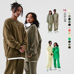 High Quality Unisex French Terry 100% Cotton Crewneck Custom Logo Puff Printing Oversize Sweatshirts Set