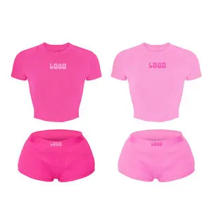 Women's Custom Embroidered Logo Modal Workout Loungewear Two-Piece Summer Sweatshirt Short Set Solid Pattern Above Knee Length