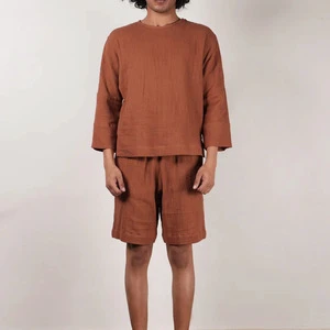 Men Breathable Knitted Solid Color 100% Cotton Shirt and Shorts Set for Formal Summer Wear