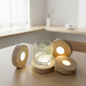Customized Wooden Art Luminous Glare Free LED Crystal Display Aromatherapy Glass Cup Decorative Figurines Light Base Table Lamp