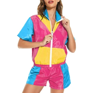 Women Color Blocking Tracksuit Set Short Sleeve Zipper Crop Top With Shorts Y2K Style Summer Casual Wear Lightweight Polyester