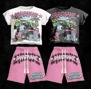 Heavyweight Cotton Graphic Set Men Short Sleeve Baby Tee And Studded Drawstring Shorts 2 Piece Set Retro Hip Hop Tracksuit