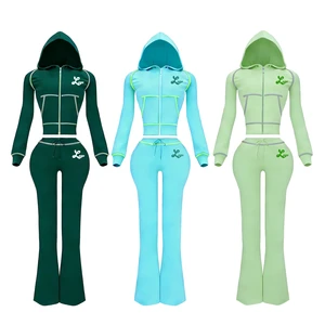 Custom Waffle Knit Set Women Long Sleeves Tracksuit Sets Zipper Hoodie Jacket And Wide Leg Flared Pants Two Piece Lounge Sets