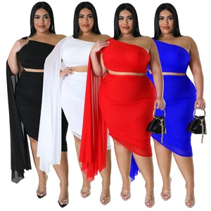 N7810 European and American fashion women's new high-elasticity asymmetrical collar long train sleeve ruched two-piece set