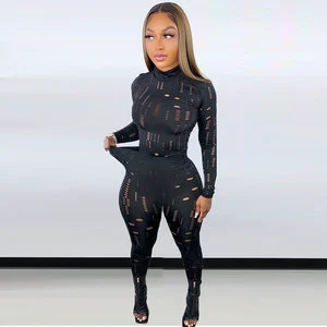 Wholesale 2/Two Piece Set Women Hollow Out Long Sleeve Turtleneck Top and Sheath Stretchy Waist Pants Outfits