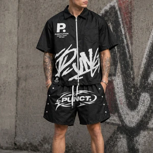 OEM Custom High Quality Men's Streetwear Casual Short Sleeve Oversized Zip up DTG Print Rhinestone T-shirts and Shorts Set