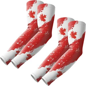 Printed Full Length Arm Sleeves Red White Maple Leaf Pattern UPF50+ Polyester Men's Compression Sport Sleeve