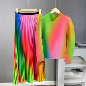House rainbow Print Two-piece Slim Long Sleeve Top With Pleated Half Skirt Contrast Color High Waist Pleated Suit