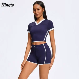 Women Gym Activewear Set V Neck Tennis Outfit Set Short Sleeve Hyrox Sports T Shirt & Color Block Tight Shorts Nylon Spandex