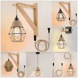 Insertable Wooden Wall Lamp, American Country Style, Hemp Rope Industrial , Cross-Border E-Commerce with Iron Light Source