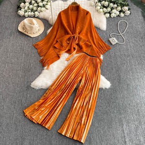Fashion Suit Hot Stamping Tassel Long Sleeved Cape and Waist Cinching Jacket+high Waist Slimming Wide Leg Pants Two-piece Set