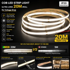 Premium 24V Super Long COB LED Strip Lights Dimmable 3000K Flexible Tape for Indoor Outdoor Decoration 15/20M Reel NO Voltage