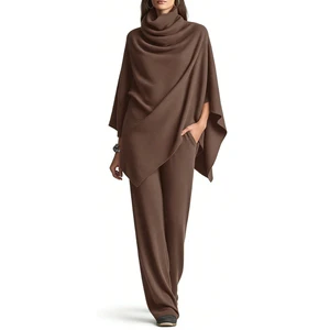 Women's Turtleneck Cape & Flared Pants 2 Piece Set - Asymmetrical Draped Womens Sets Sehe Fashion
