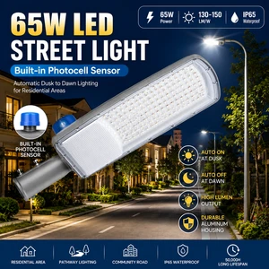 Photocell Aluminum 65 Watt LED Street Light Built-in Dusk To Dawn Sensor High Lumen Outdoor Pathway Residential Area
