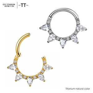 -TT- ASTM F136 Titanium Pear Zircon Hinged Clicker Segment Hoop Ring Children's Unisex Daith Clicker Septum Fashion Jewelry