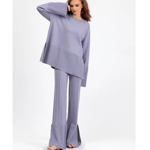 Autumn Winter 2 Piece Sets Woman Outfits Trumpet Sleeves Loose Knitted Pullover Slit Pants Set Casual Sweater Sets Women's Suit