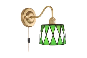 SIMIG Vintage Wall Lamps Green Checker Stained Glass Shade Gold Wall Lights Fixture Plug Cord Switch for Bedroom Living Room