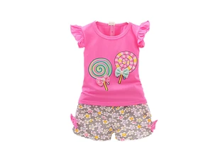 2025 Custom Flying Sleeve Set for Baby Girls Casual Children's Clothing With Fragmented Flowers Pattern Low Price