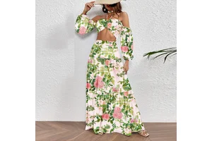 TW Green Printed Long-sleeved Sexy Tube Top Halter Neck Strap Split Two-piece Skirt Suit