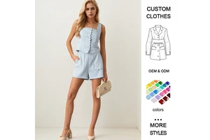 European & American Summer Solid Above Knee 2-Piece Elegant Casual Sling Button Square Collar Sleeveless Top Shorts Set