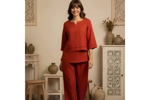 Women for Orange Slub Co-ord Set Solid Neck 3/4 Sleeve Top Partially Elasticated Palazzo Two Piece Winter Party Outfit