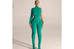 Kliou K22S23555 Fashion Casual Women's Suit Mock Neck One Shoulder Long Sleeve Tops + Sheath Pants 2 Piece Set Women