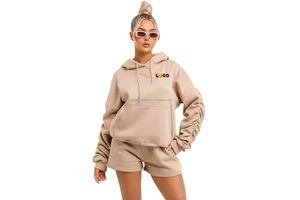 Newest Streetwear 2 Piece Sets Euched Sleeve Hoodie Beige Womens Sweatsuits Shorts Sets