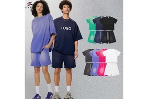 High-quality Cotton Men's Heavyweight Oversize Washing Two Piece Suit 350GSM Vintage High Street Custom Logo Men's T-shirt Set