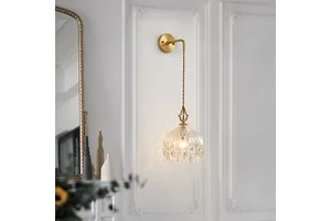 PM Nordic Retro Glass Copper Wall LED Simple Bedroom Bedhead Hanging Bracket Light Iron for Hotel Corridor Bathroom Decoration
