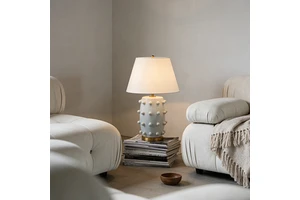 White Ceramic Table Lamp with 3D Dot Design Modern Bedside Lamp with Fabric Shade for Living Room Bedroom Nightstand Decor