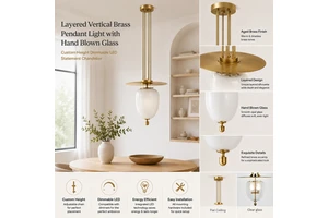 YH Handmade Pendant Light With Blown Glass Shade Available In Blackened Brass Or Unlacquered Brass With Clear Opal Glass Shade
