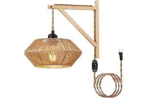 Cross-Border Hemp Rope Woven Wall Lamp, Dimmable Plug, Solid Wood Bedroom Bedside , Bohemian Lighting Fixture